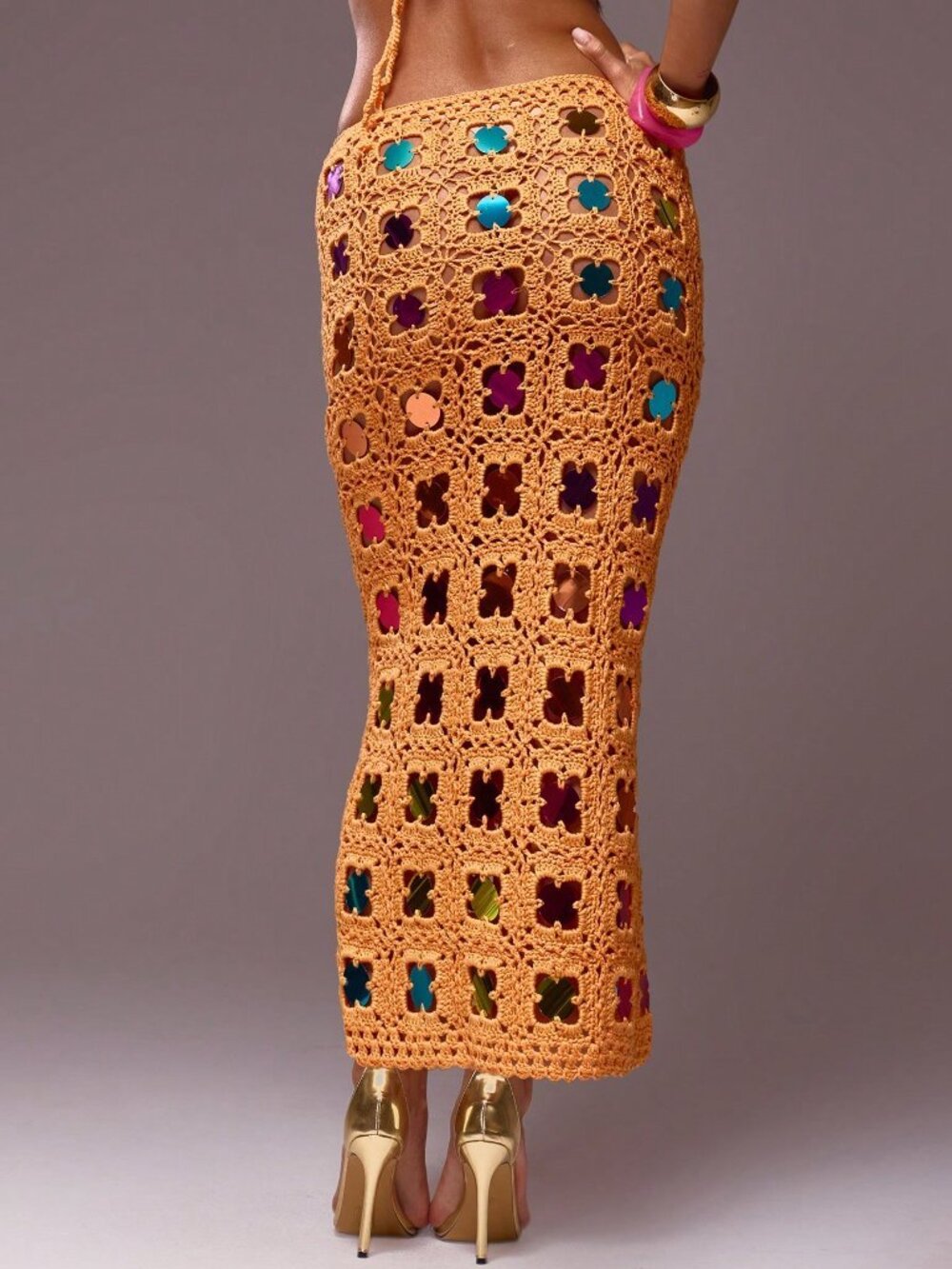 Multicolor Elegant Women's Crochet Knit Sequin Maxi Skirt - Picture 2 of 5